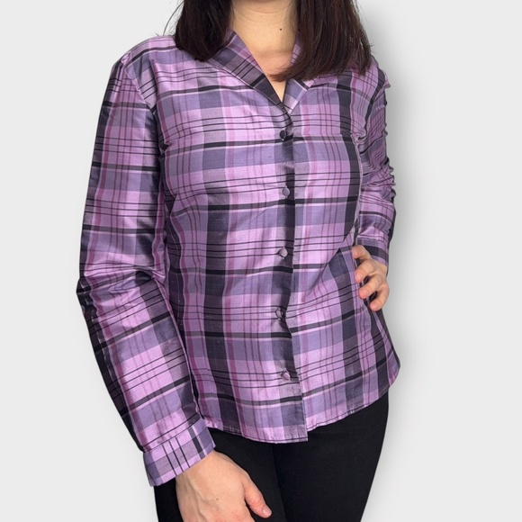 Vintage 1990s Ann Taylor Plaid Silk Button Down Purple & Pink Blouse - Picture 1 of 10